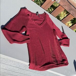 Guess VneckElegant Burgundy Women's distressed knit peek a boo shoulder Sweater